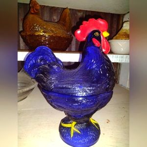 Vintage cobalt rooster glass candy dish